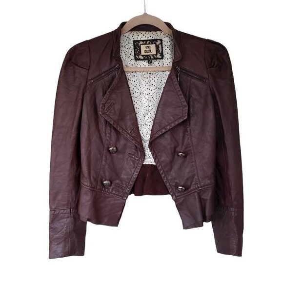 Eva Ouxiu Burgundy Lambskin Leather Crop Slim Fit Ruffled Moto Jacket - Picture 2 of 13